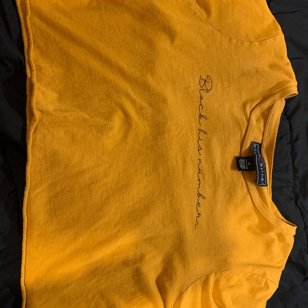 Orangish Crop top “block his number”. Cotton and comfortable.